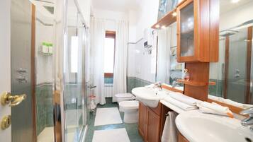 Shower, hair dryer, bidet, towels