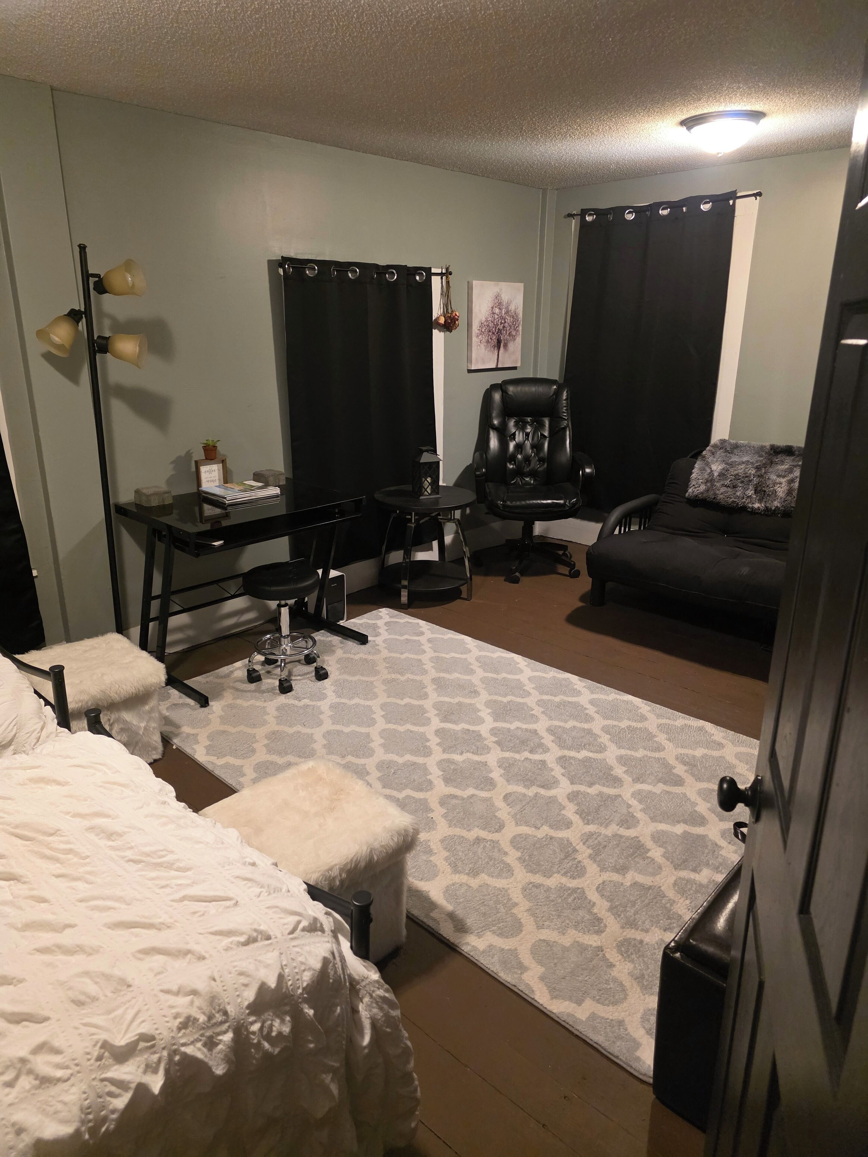 Une chambre à coucher comprenant un lit, un bureau, une chaise, un canapé et un tapis à motifs.