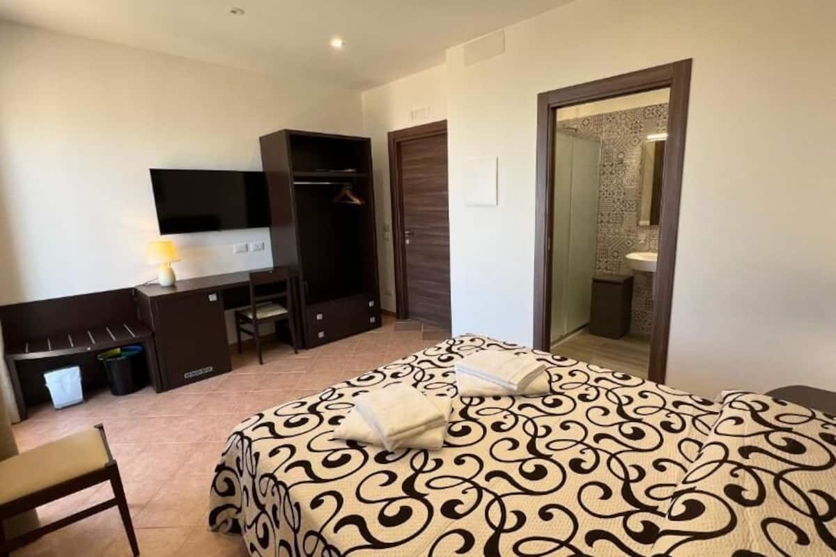 A hotel room with a bed, a TV, a desk, and a wardrobe.