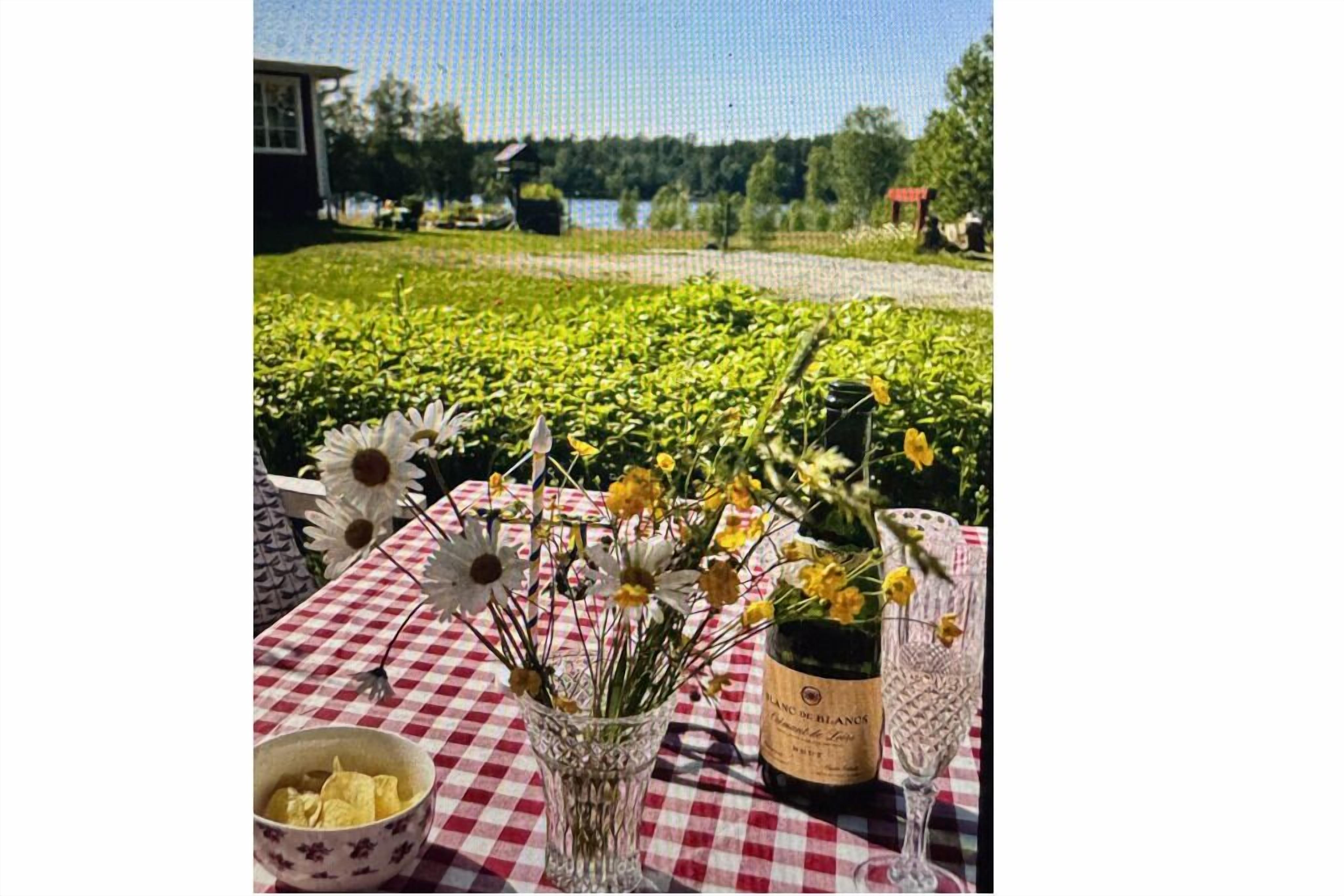 Et bord dækket udendørs med et ternet borddække, en skål med chips, en glasvas med blomster og en vinflaske.