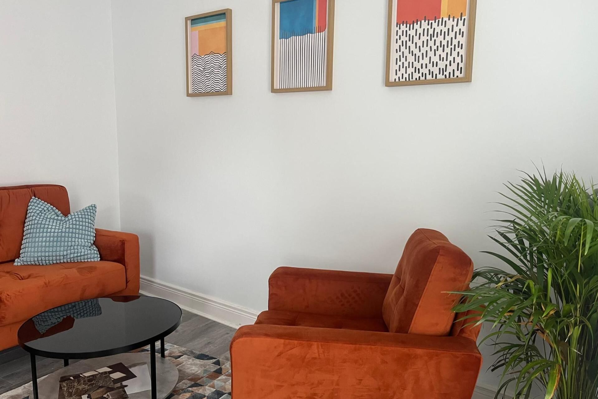 A living room with an orange sofa, a black coffee table, and a potted plant.