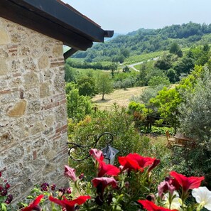 A stone building with a view of a vineyard and rolling hills. - Sandstone Home in the Heart of the Prosecco Hills, between Venice and Cortina. (Borgo Antiga)