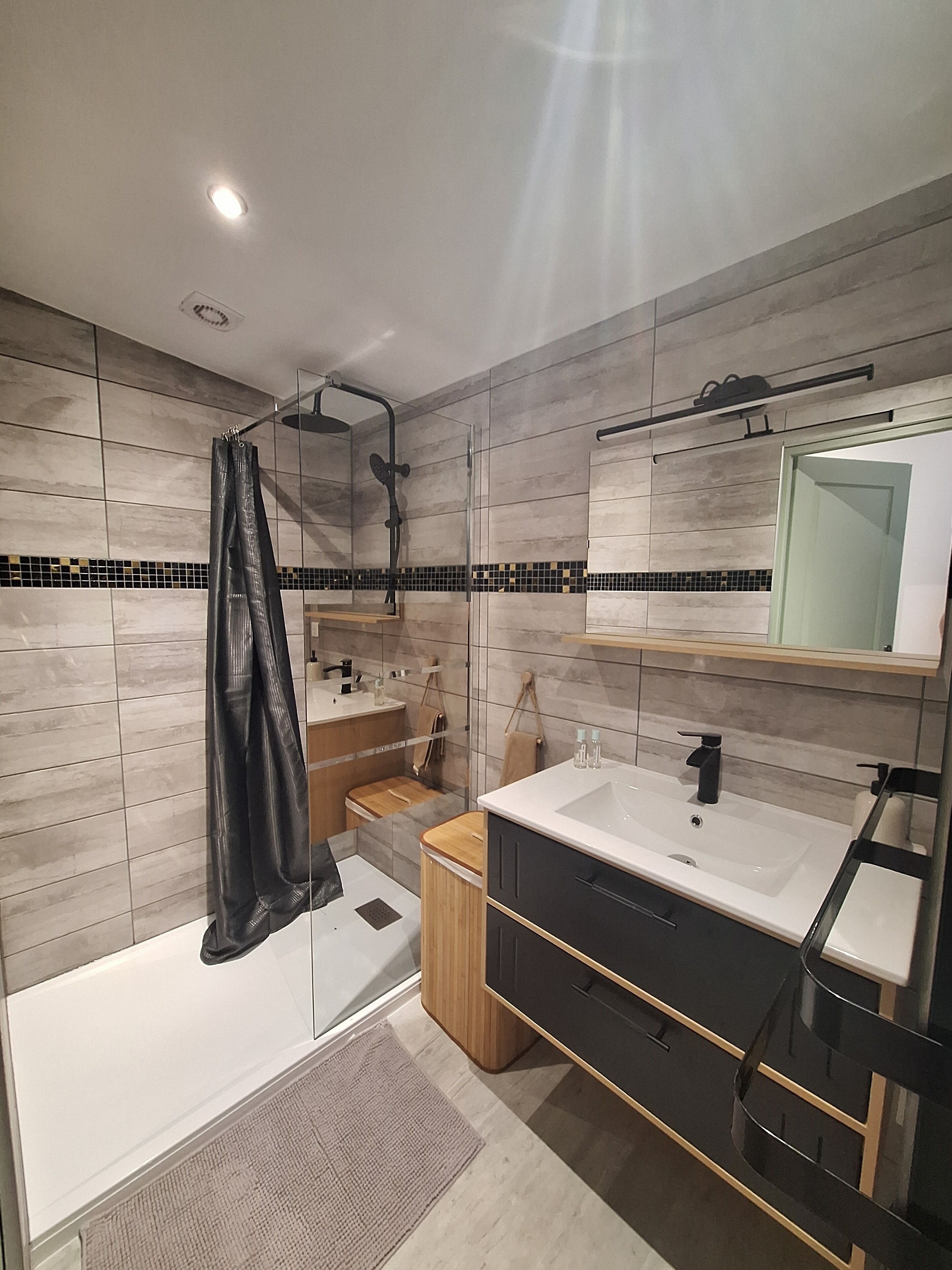 Shower, hair dryer, towels, toilet paper