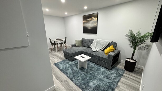 A modern living room with a grey sofa, a small white table, a blue rug, a dining table with chairs, and a potted plant. - The Secure Haven (Regina)