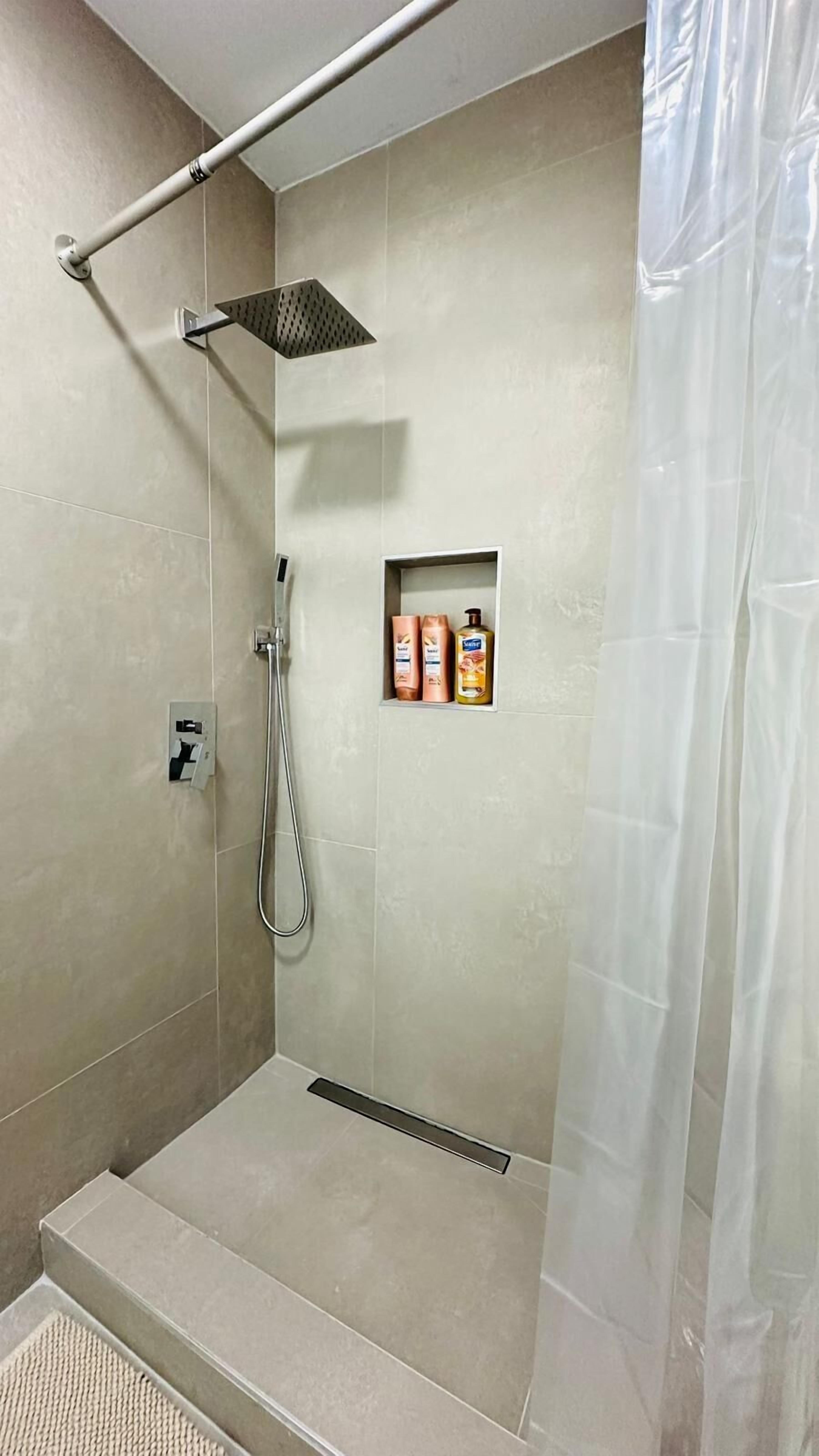 Hair dryer, towels, soap, toilet paper