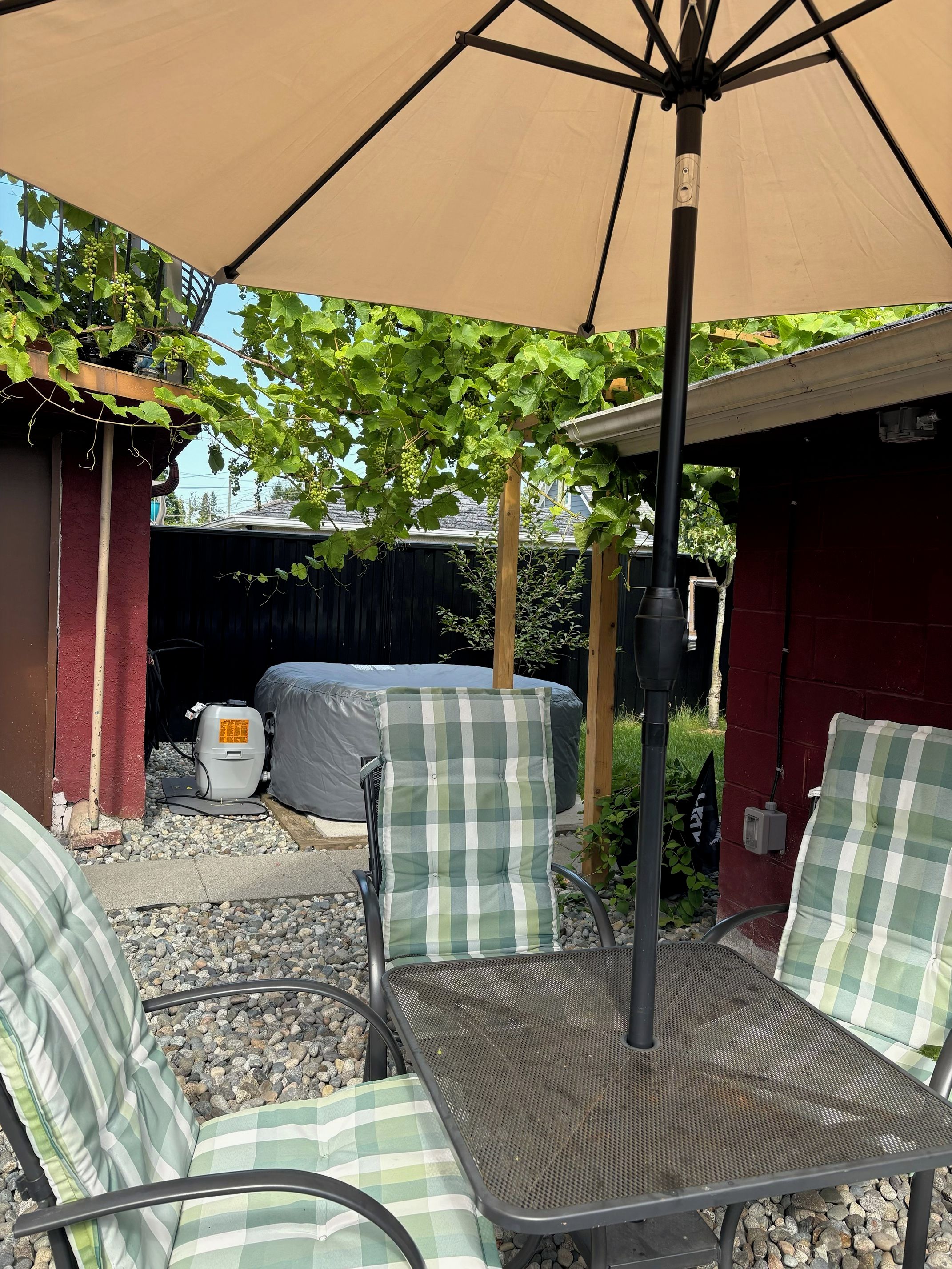 Eine Außenpatio mit Tisch und Stühlen, ein überdachter Bereich mit Markise und ein Garten mit Weinreben.