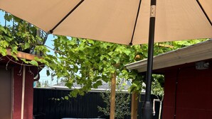 Un patio al aire libre con una mesa y sillas, un paraguas cubierto y un jardín con parras.