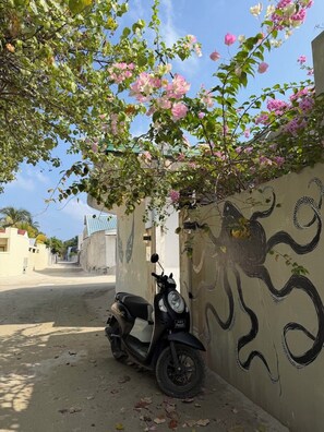 Un scooter est garé dans une rue, devant un mur orné d’une fresque représentant un serpent.