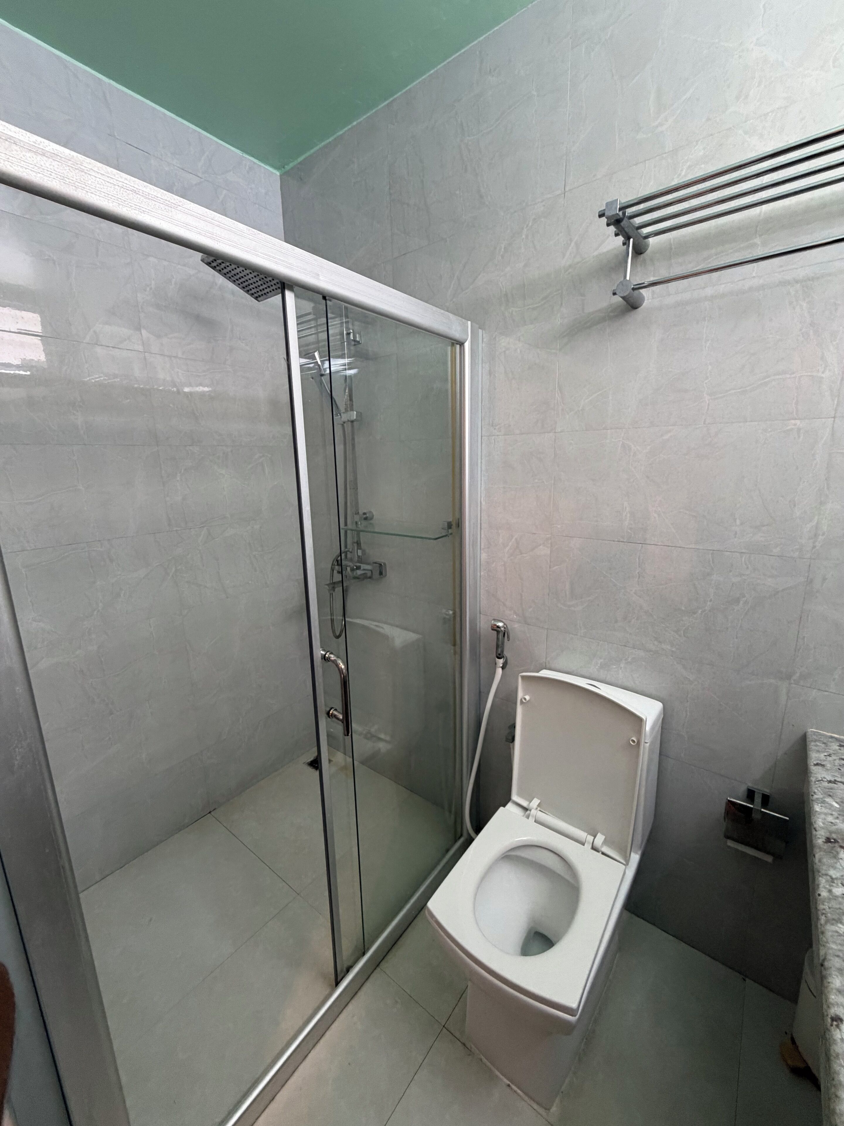Moderni kylpyhuone, jossa on lasiseinällä varustettu suihku, wc ja pyyhekoukku.