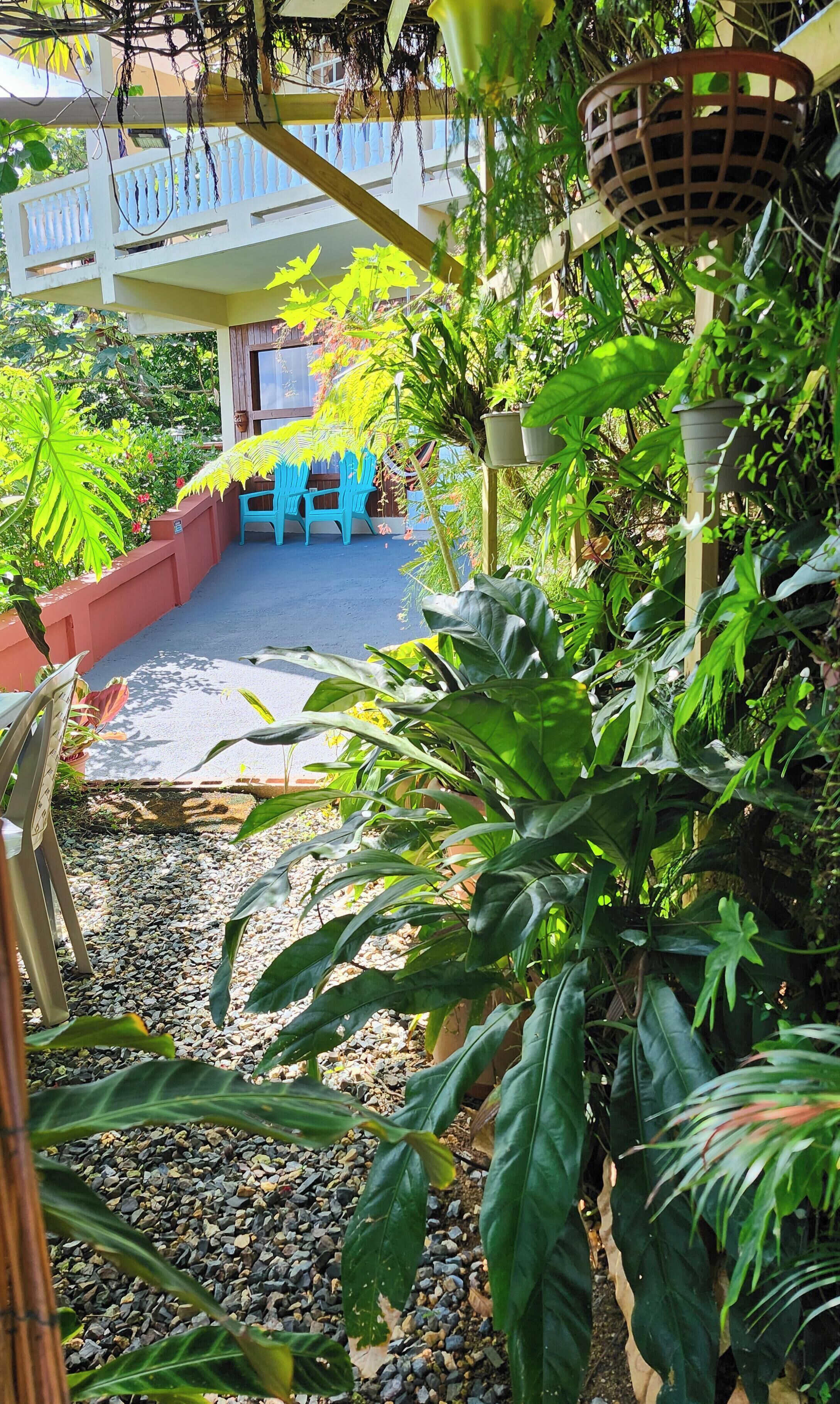 A covered outdoor seating area with chairs and potted plants.