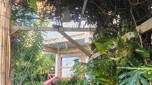 A garden area with a pathway, green plants, and blue plastic chairs. - Mi Verde Horizonte "Panoramic view in Utuado | Nearby river + Nature + WiFi". (Utuado)