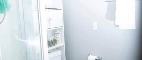 Douche, serviettes fournies, papier de toilette
