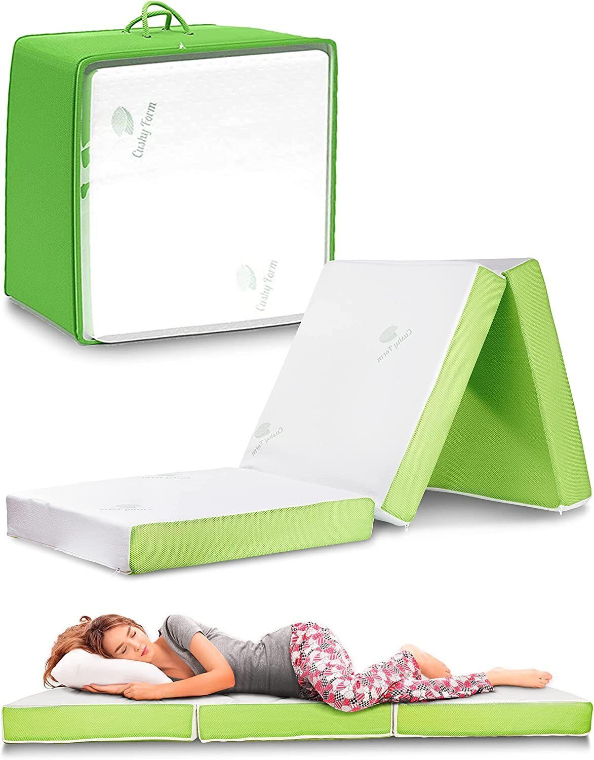 Un matelas vert pliable, livré avec un sac de transport, présenté plié, et une personne allongée dessus.
