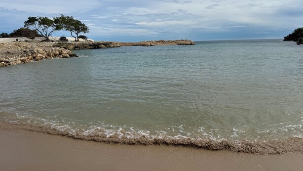 Una spiaggia con acque limpide, costa rocciosa e vegetazione rada.