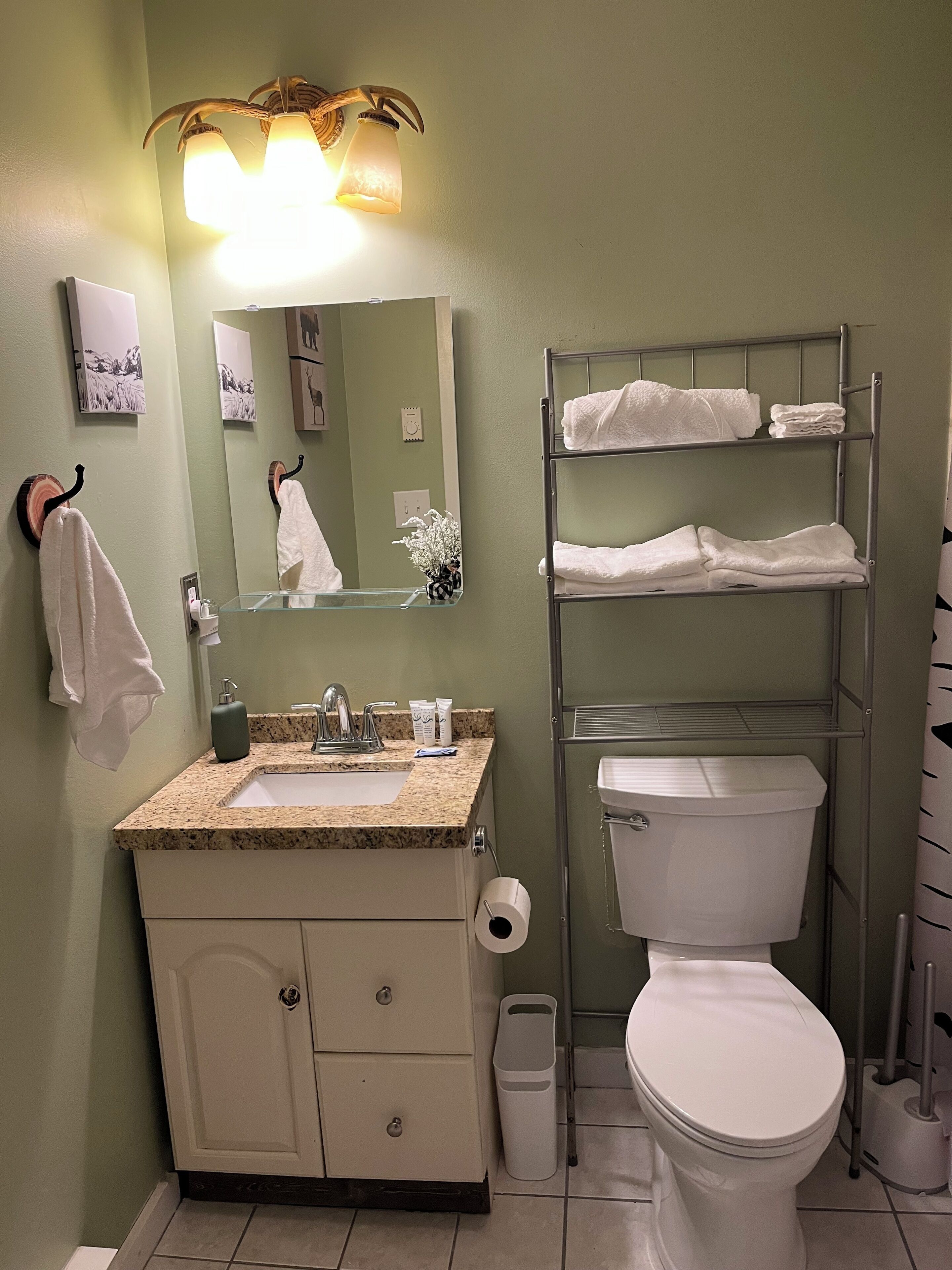 Sèche-cheveux, serviettes fournies, savon, papier toilette