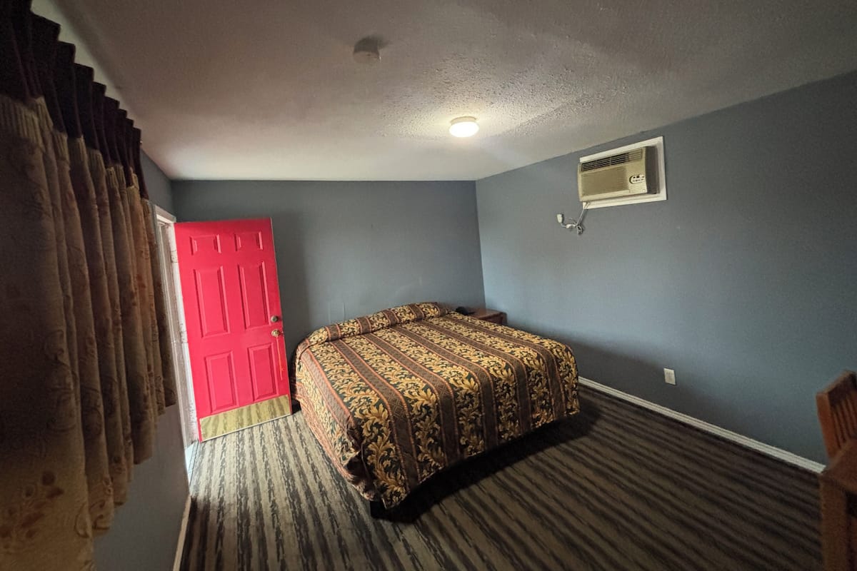 A bedroom with a bed, a red door, a ceiling light, and an air conditioning unit.