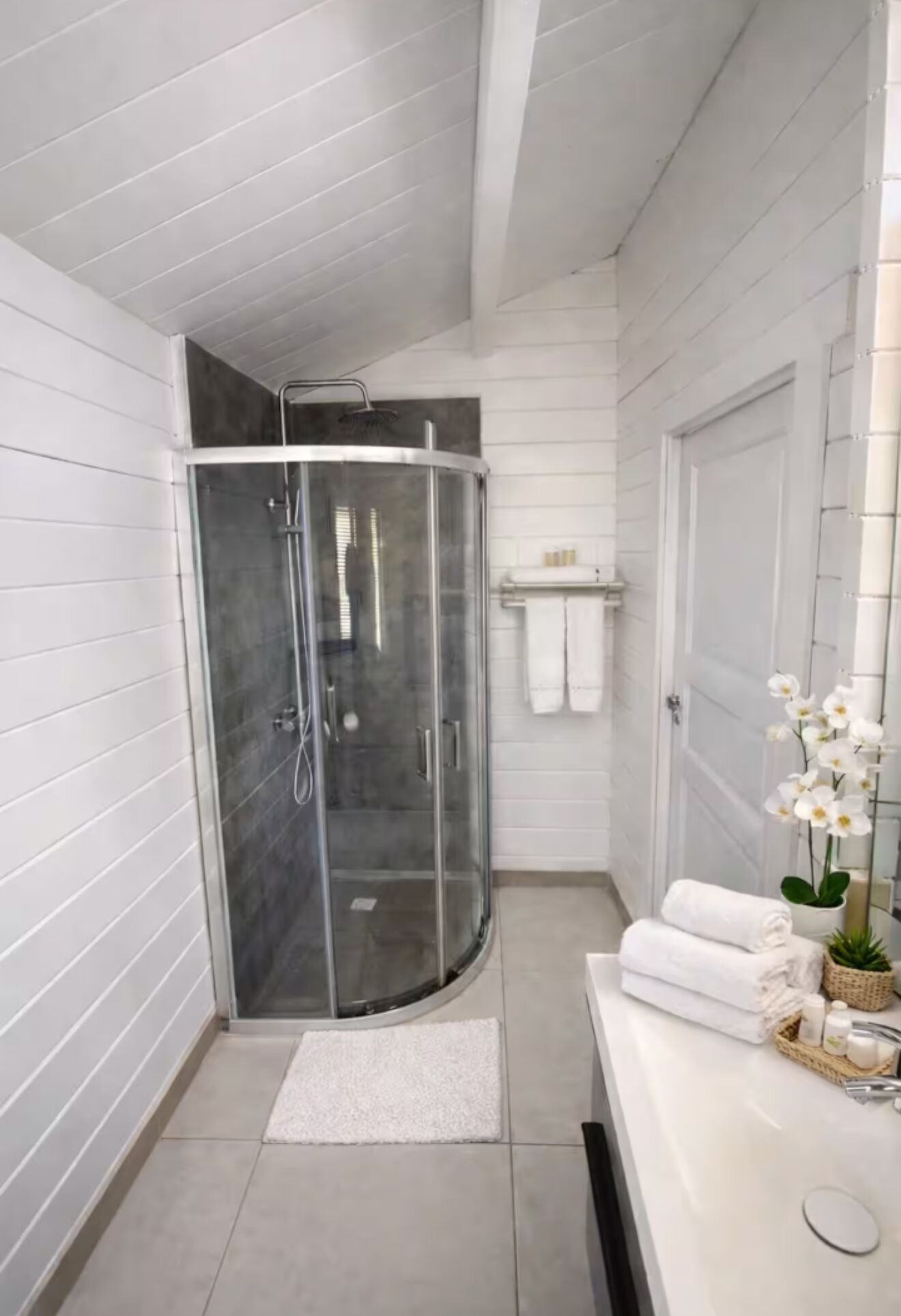 Shower, hair dryer, towels, toilet paper