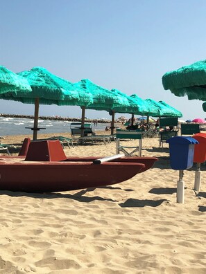 På stranden och solstolar