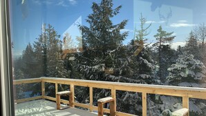 Une terrasse en bois, dotée d’une rambarde et de bancs, entourée d’arbres couverts de neige.