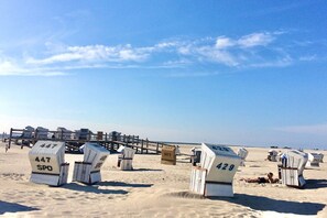 Sillas de playa numeradas, un muelle de madera y cielo despejado.