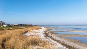 Ett kustlandskap med en sandstrand, gräsklädda sanddyner och en klarblå himmel.