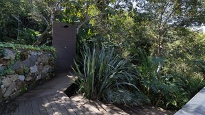 Um deck de madeira leva a uma parede de pedra com uma porta escura, rodeada por vegetação exuberante.