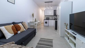 A modern apartment with a grey sofa, a flat-screen TV, a washing machine, and a dining area.