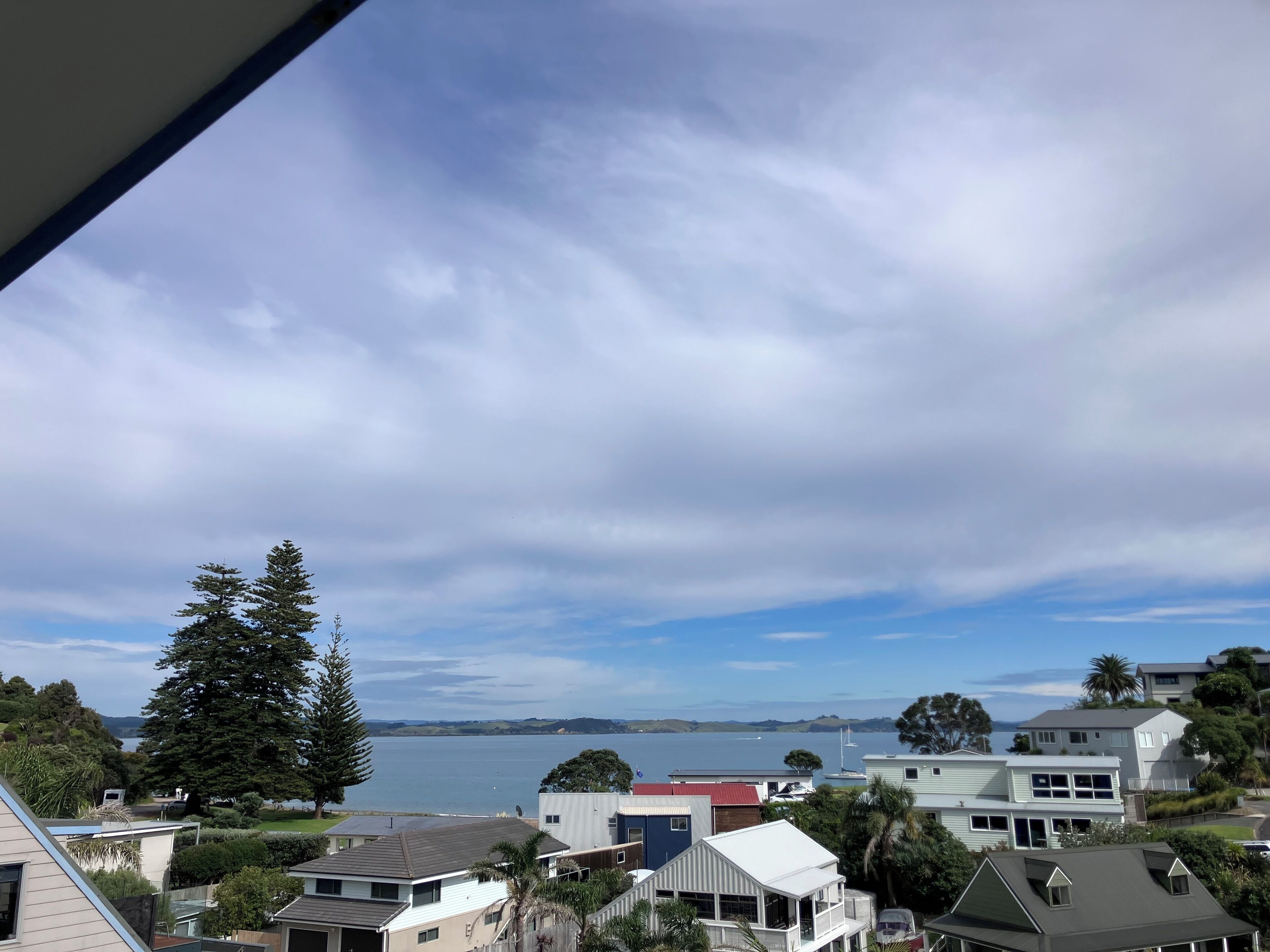 A residential area with houses, a large tree, and a body of water in the background.