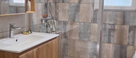Hair dryer, towels, soap, toilet paper