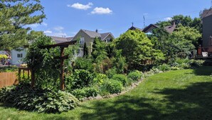 Un jardin résidentiel agrémenté d’une pergola en bois, de diverses plantes, d’une clôture en bois et, au fond, de maisons.