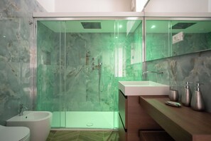 Douche, sèche-cheveux, bidet, serviettes fournies