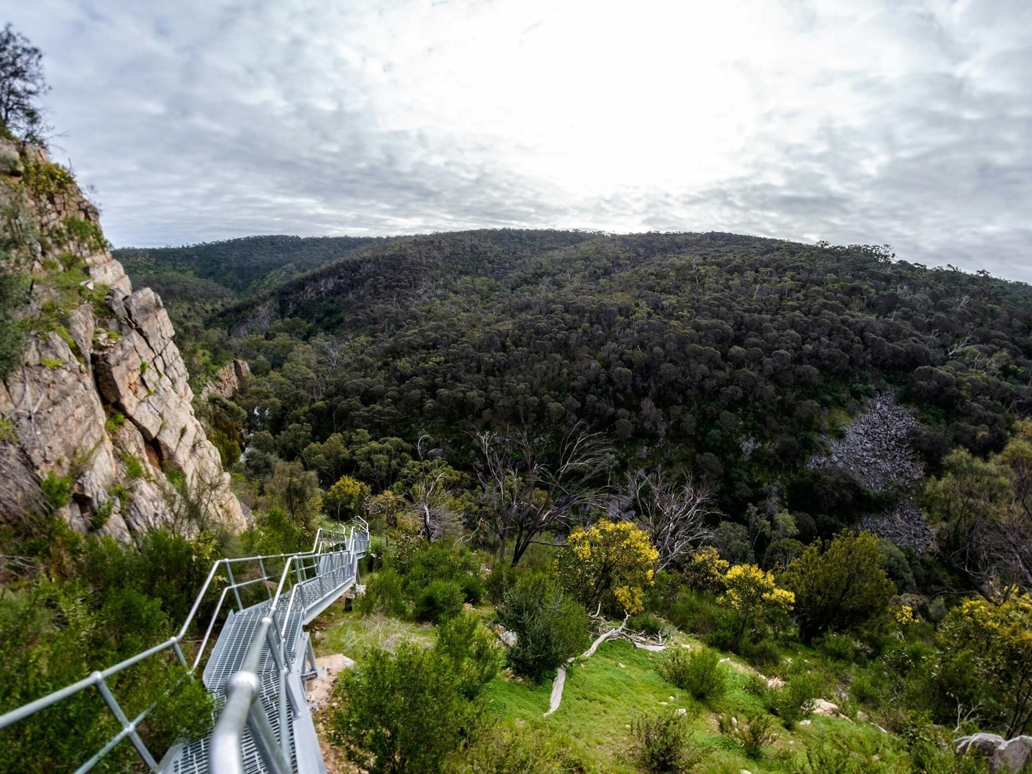 A metal staircase leading up a rocky hillside with a forested valley below.