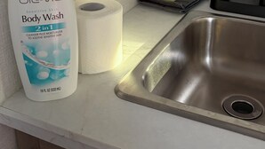 A bathroom sink with a bottle of Oil de Vie Body Wash, a roll of toilet paper, and a green sponge.