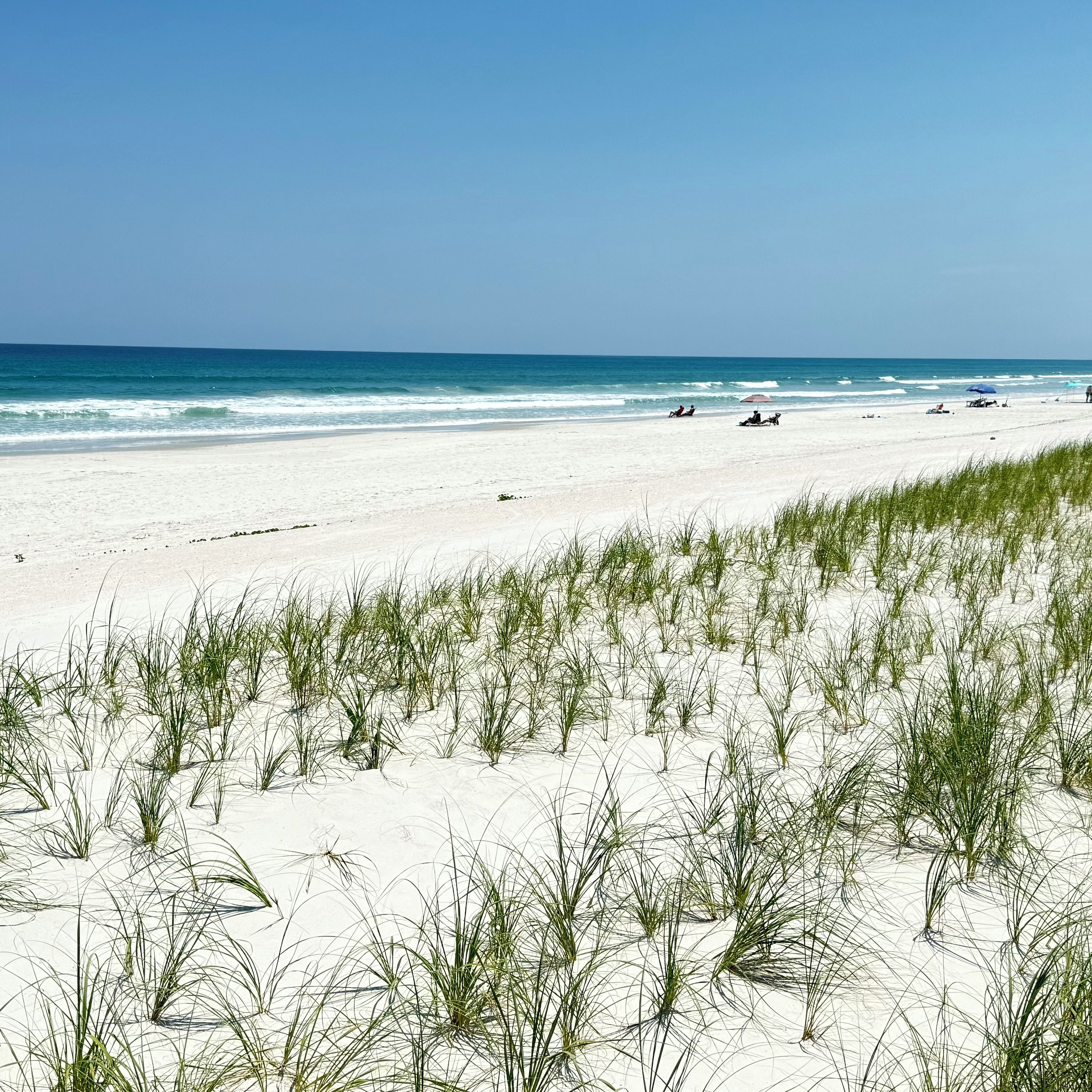 A beach with sand dunes and a clear sky.