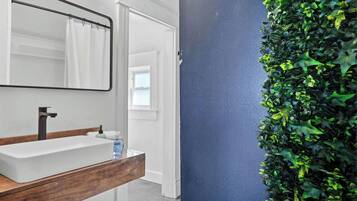 Shower, hair dryer, towels, shampoo