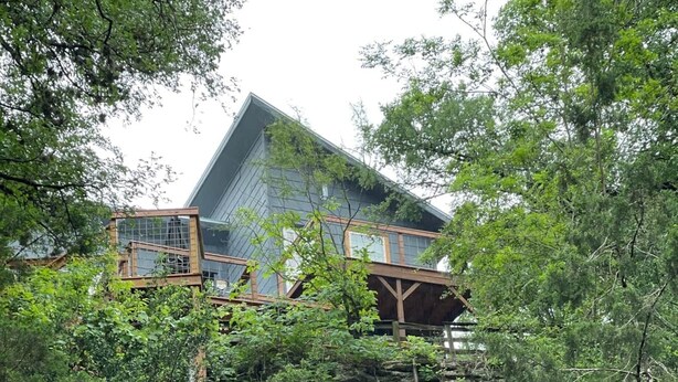 Una escalera de madera conduce a un edificio moderno rodeado de un bosque denso.