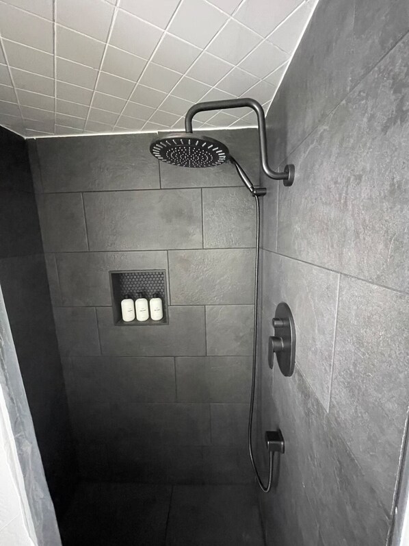 Shower, hair dryer, towels, soap