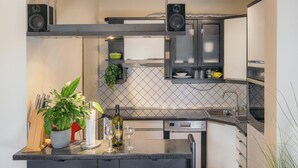 A modern kitchen with a built-in oven, a microwave, and a sink. There is a potted plant on the counter and a wine bottle. - Slavonian home with pool, jacuzzi, barbecue and family fun (Požega)