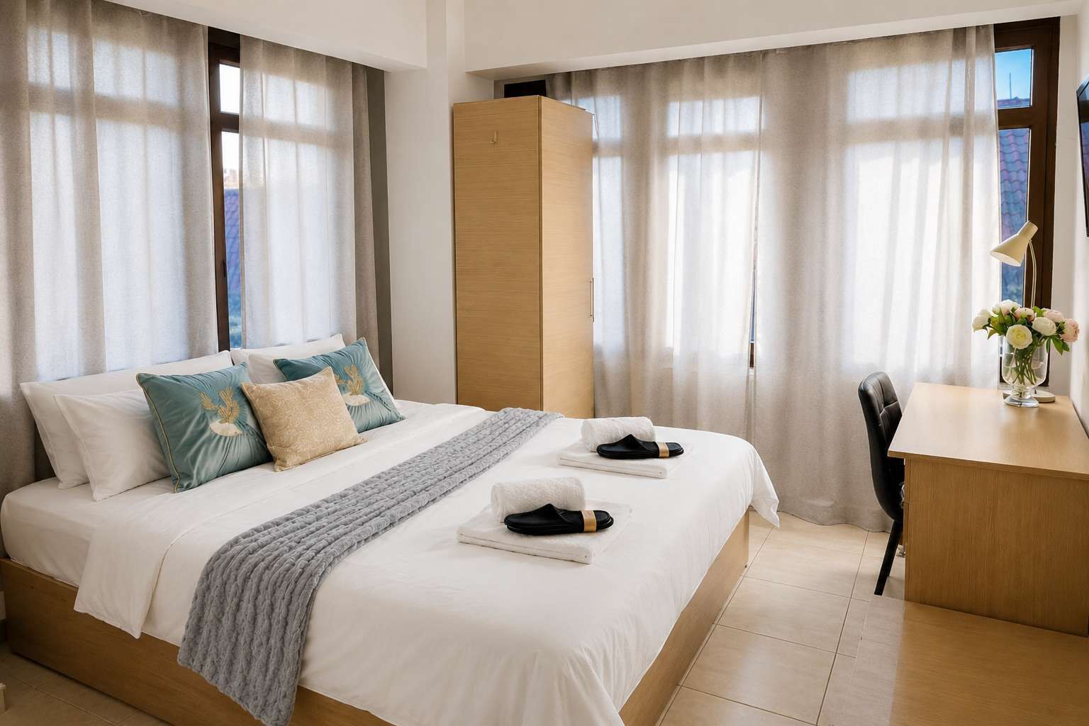 Desk, WiFi, bed sheets