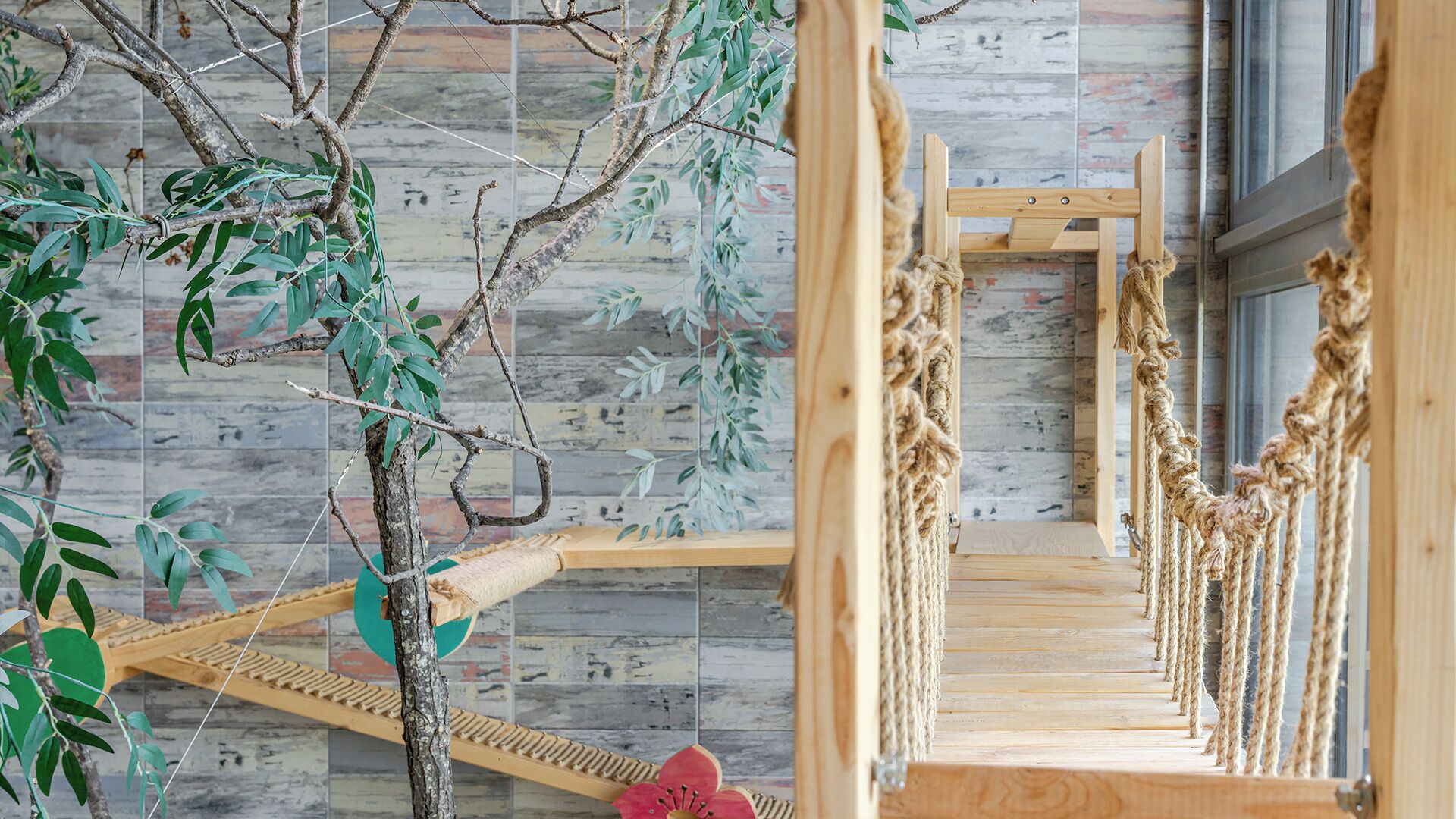 A wooden climbing structure with ropes, a wooden platform, and a tree with green leaves.