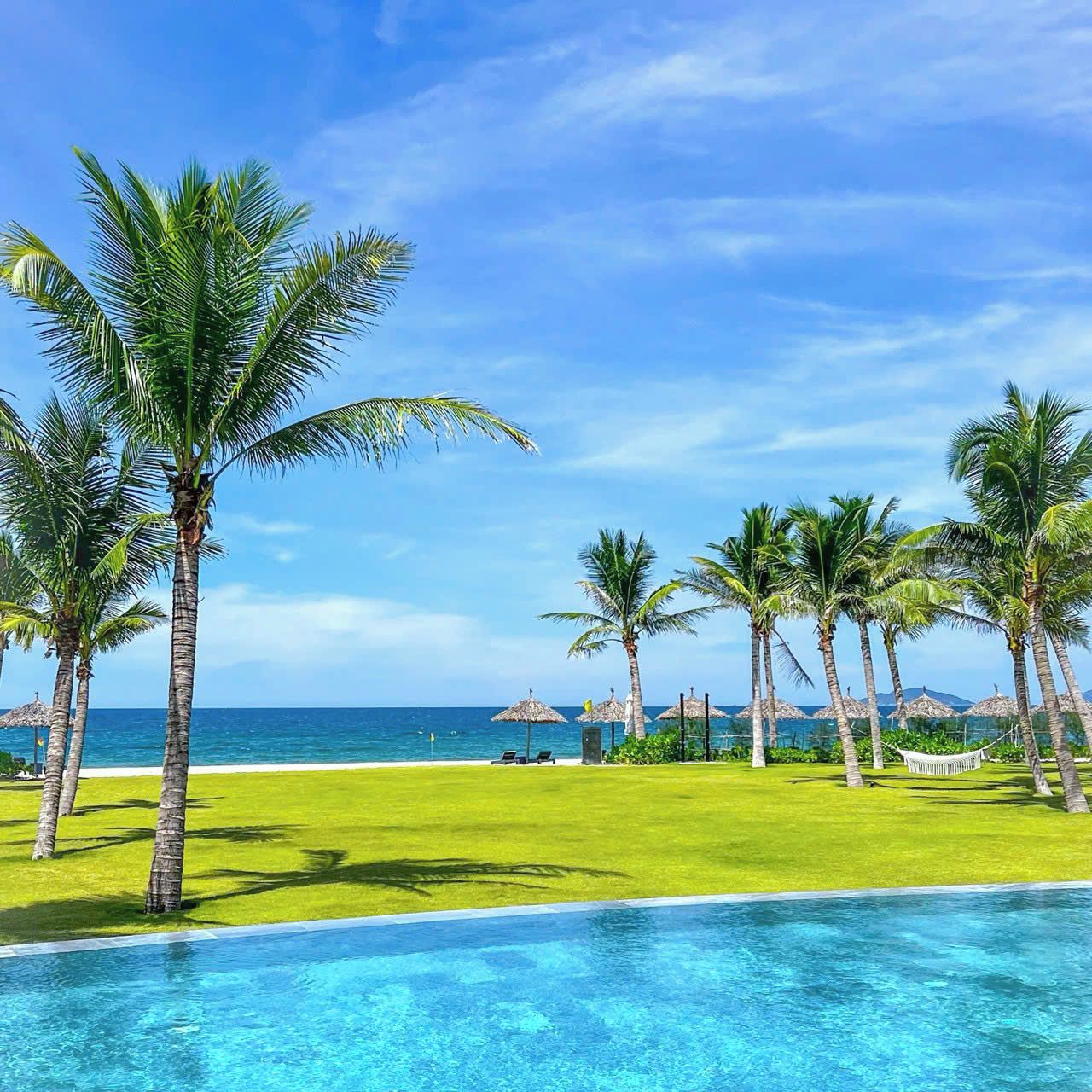 Zona de piscina con palmeras y vista despejada al océano.