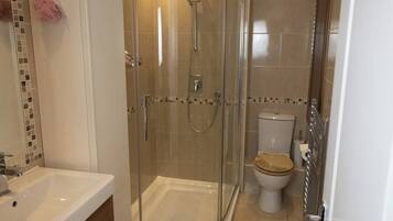 A modern bathroom with a glass shower enclosure, a toilet, and a sink.