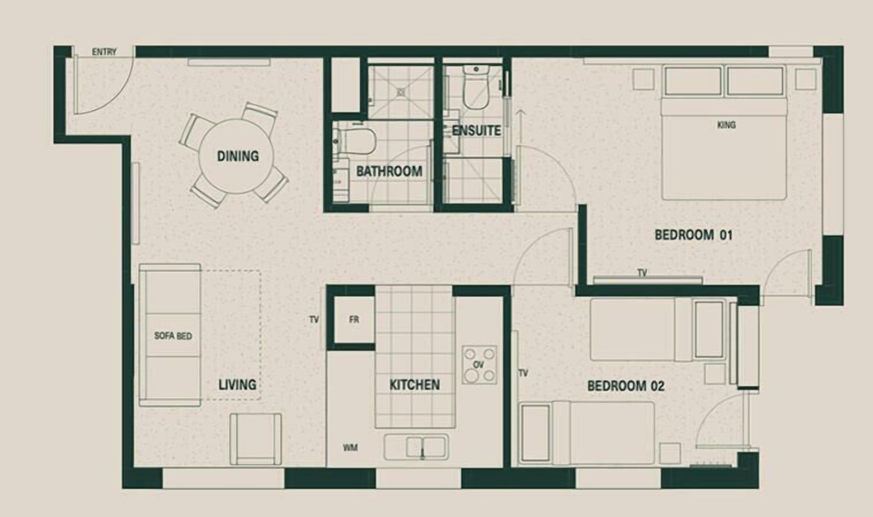Planta baixa com área de jantar, dois quartos, sala de estar, cozinha e banheiro.