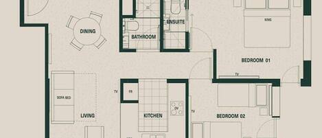 Planta baixa com área de jantar, dois quartos, sala de estar, cozinha e banheiro.