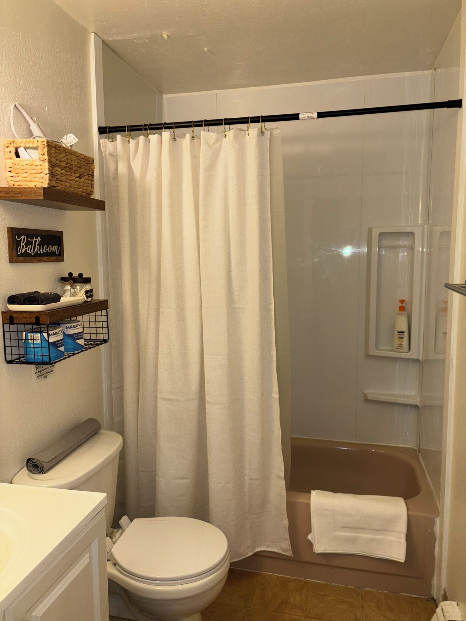 Hair dryer, towels, soap, shampoo