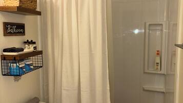 Hair dryer, towels, soap, shampoo