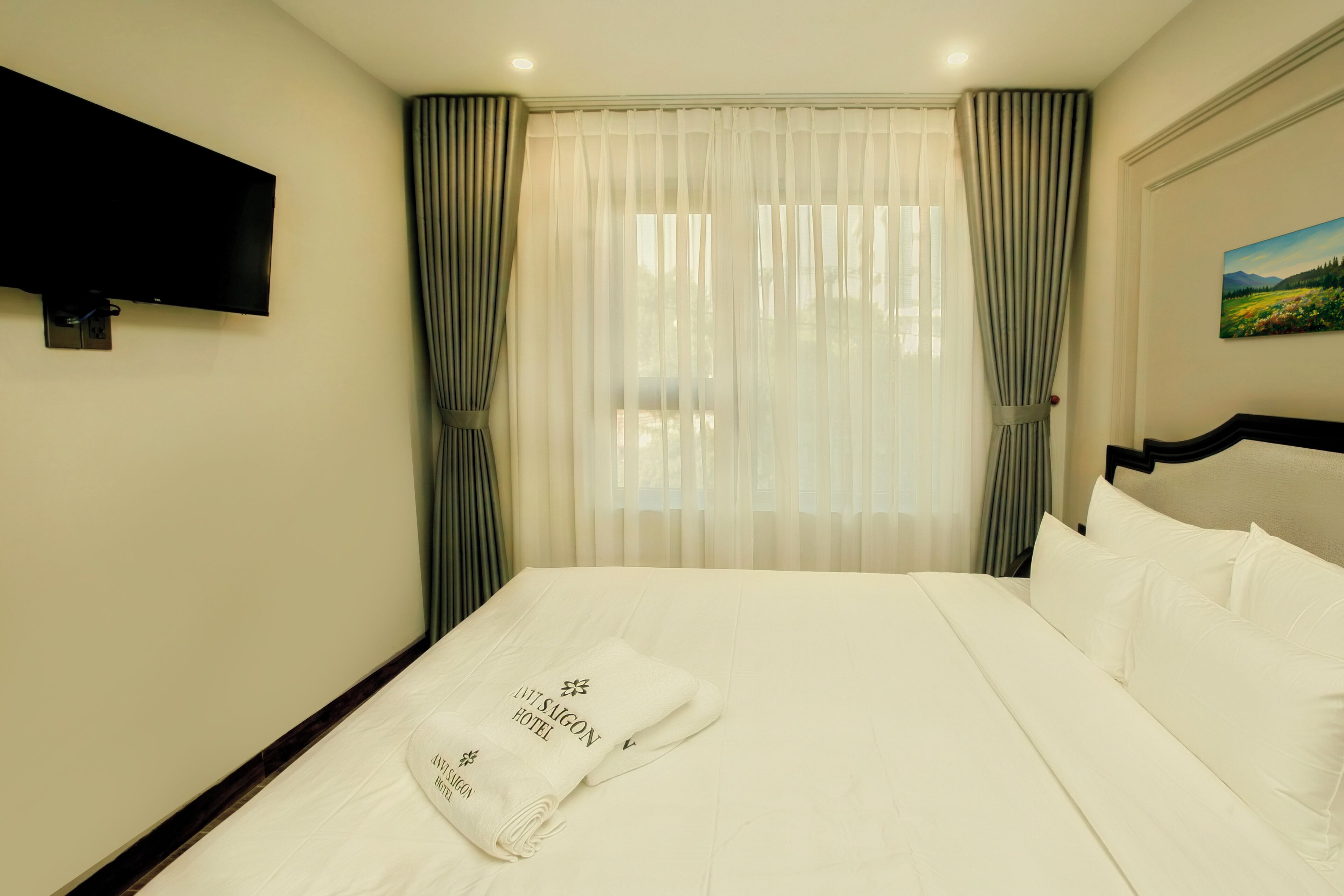Habitación de hotel con cama, cortinas, televisor de pantalla plana y un cuadro en la pared.