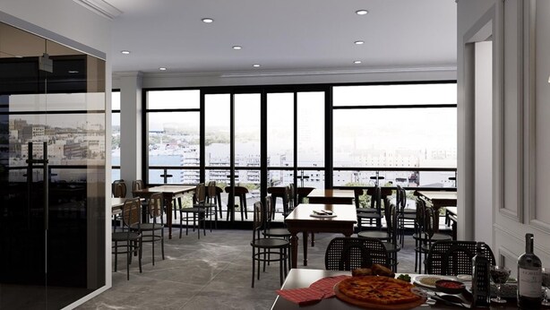 A modern dining area with large windows, multiple tables, and chairs. - Anvi Saigon Boutique Hotel (Ho Chi Minh City)