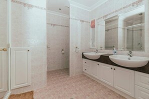 Shower, hair dryer, shampoo