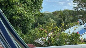 Un balcón con vistas a vegetación exuberante y un paisaje lejano.